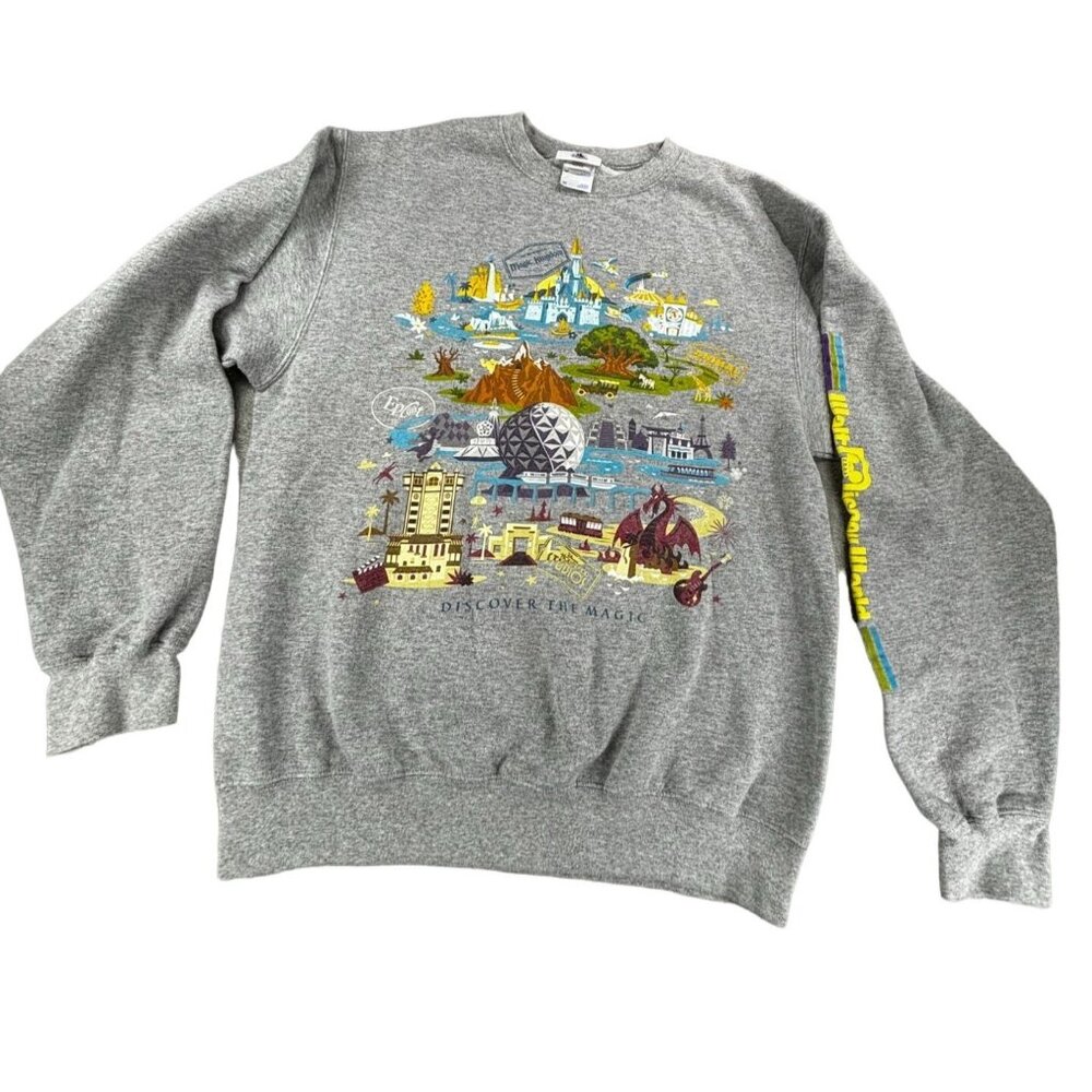 Disney Parks Discover The Magic Sweatshirt Medium Crewneck Pullover 4 Parks Gray